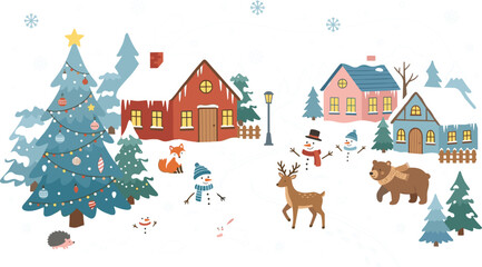 Naklejka premium Charming winter Christmas village landscape illustration featuring decorated tree, snow-covered houses, cute forest animals, and friendly snowmen, perfect for holidays.