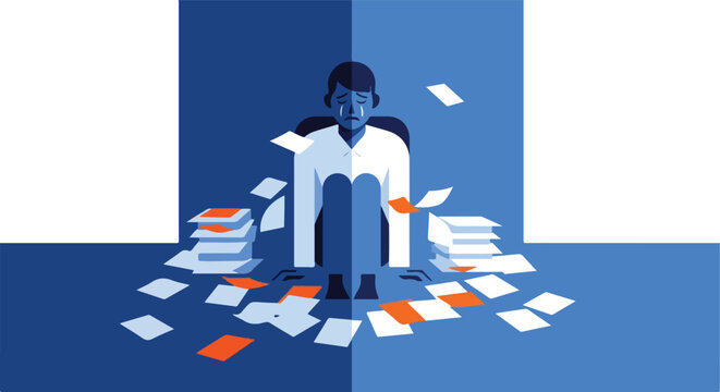 Sad person overwhelmed by scattered papers in a blue room