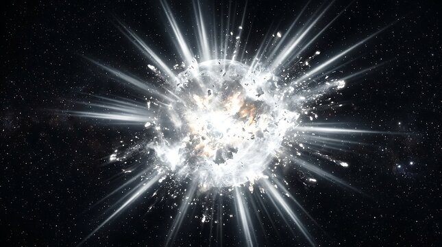 A bright cosmic supernova explosion occurring in deep space with intense white light radiating outward and glowing scattered debris particles isolated on transparent background
