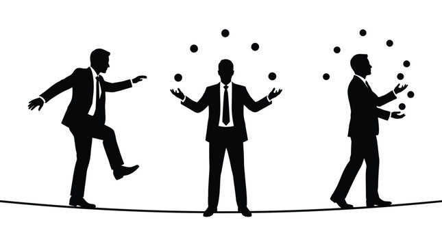 Professional business men in suits balancing and juggling on a tightrope in this vector illustration design