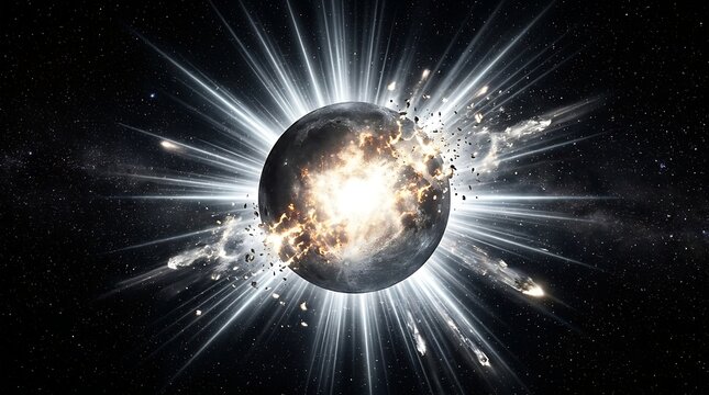 Massive glowing planet exploding in deep space with bright white light rays and flying debris shards captured in a sharp digital art style on transparent background
