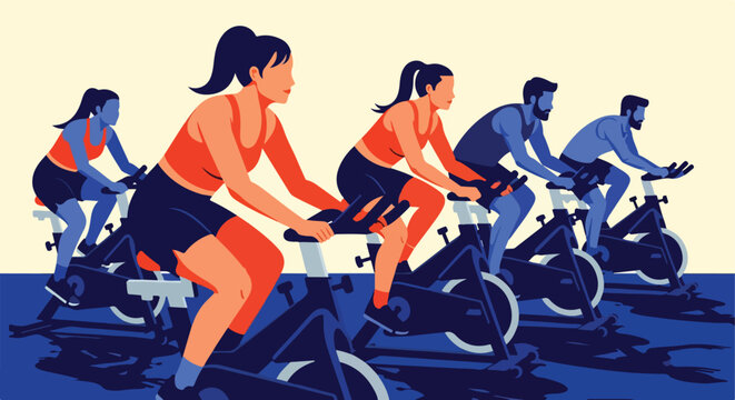 Group of people cycling indoors in fitness class