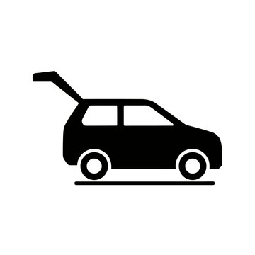 Black silhouette of a car with open trunk on white background