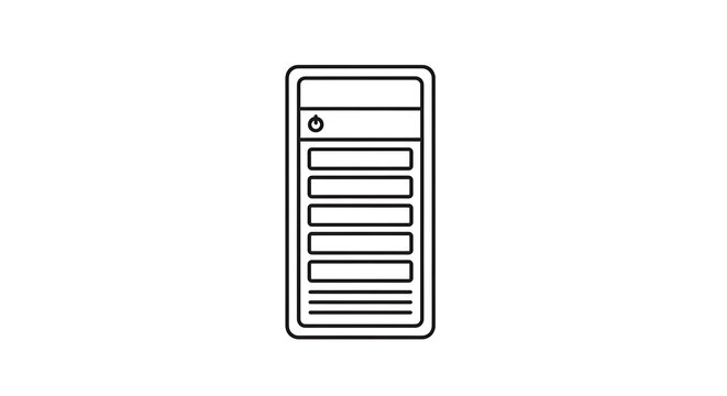 Simple black line drawing of a computer tower with a power button on top panel
