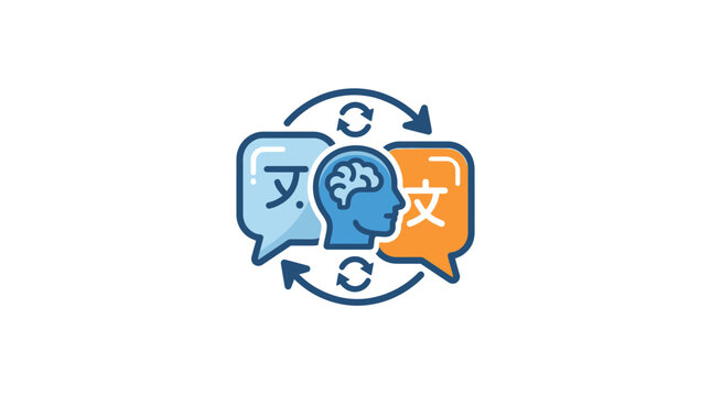 Language translation concept, brain and speech bubbles with foreign characters