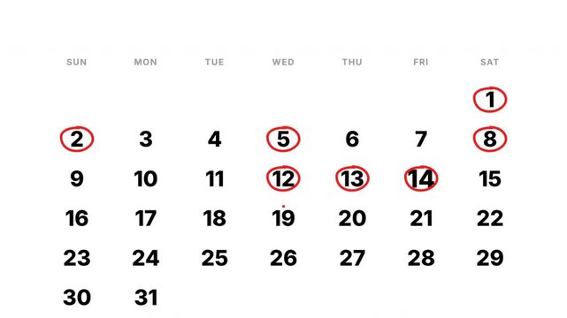 Monthly calendar animation marking specific dates with red circles for planning and deadline scheduling 4k video animation seamless loop
