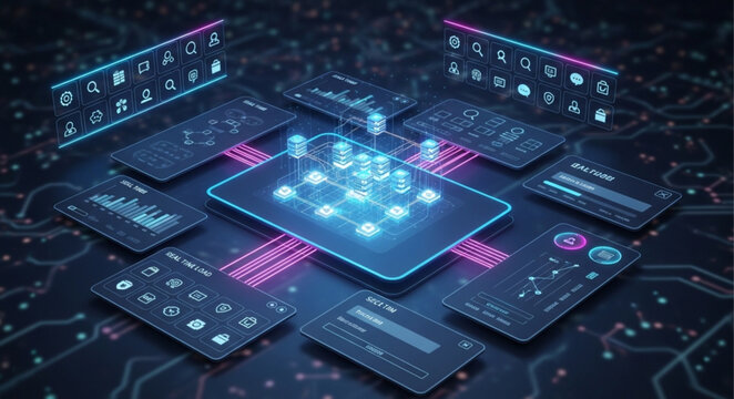 Futuristic Digital Technology Microchip and Data Flow.