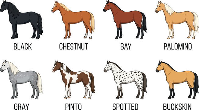 Horse Coat Colors Illustrated: Black, Chestnut, Bay, Palomino, Gray, Pinto, Spotted, Buckskin
