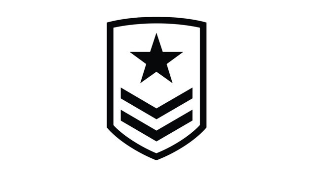 Minimalist black and white military rank insignia shield emblem featuring a five-pointed star and two chevrons.