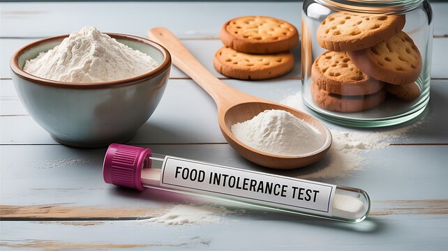Food intolerance test with blood sample tube flour cookies and allergy diagnosis healthcare