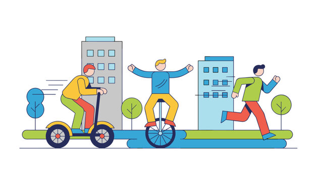 Active happy people using different modes of green transport like segways and unicycles in a modern city street.