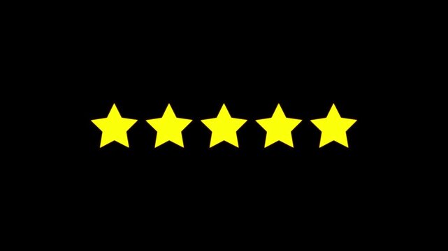 glowing Five star rating icon animated video , isolated on alpha channel background. Animated of 5 stars rating. motion graphic of 5 star concept. 4k video