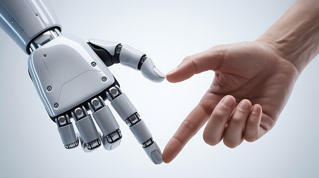 Humanoid robot and human hand reaching for connection with artificial intelligence technology