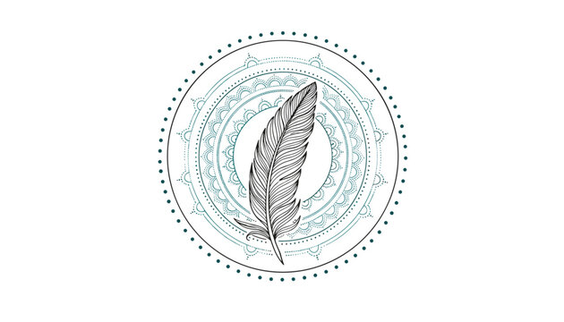 Stylized black line art feather illustration inside a circular geometric mandala pattern on a white background.