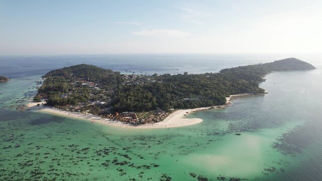 Aerial view of Koh Lipe island coastline, vibrant sandbar and turquoise ocean, Satun, Thailand