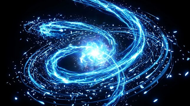 Abstract Blue Energy Vortex Rotating with Swirling Particles and Light Trails