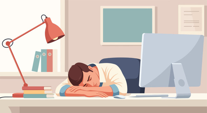 Tired worker sleeps at desk, desk lamp on, computer nearby