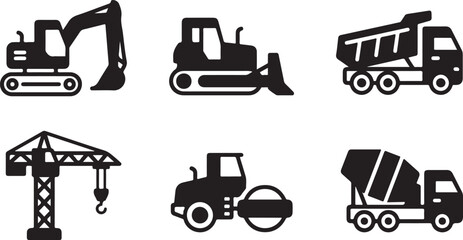 Set of black construction vehicle icons including excavator bulldozer dump truck crane road roller and cement mixer truck Vector © Alex