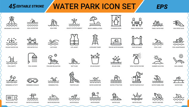 Water park icon set with swimming pool slide life jacket and aquatic recreation.