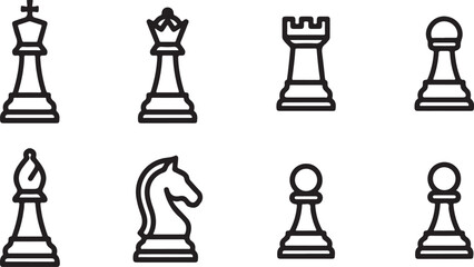 Set of eight black and white chess pieces icons showing king queen rook pawn bishop and knight in a simple line art style Vector © Alex