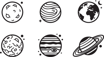 Set of six simple black and white line art planet icons representing different celestial bodies in outer space collection Vector © Alex