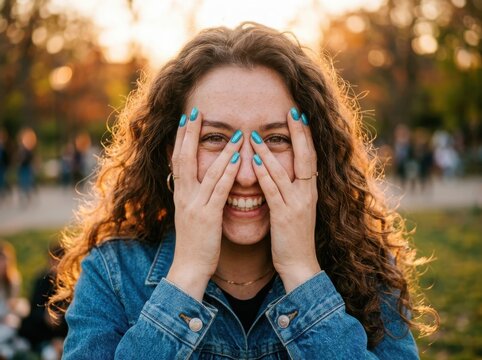 A joyful young woman with curly hair and bright blue nails smiling while covering part of her face with her hands during a sunny golden hour portrait