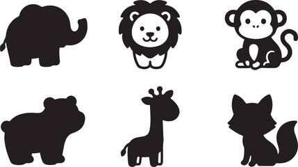 Set of cute wild animal icons including elephant lion monkey bear giraffe and fox silhouettes for kids learning designs Vector © Alex