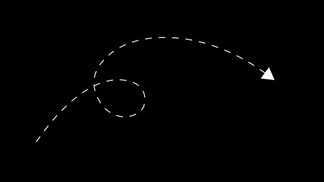 Thin direction dotted line arrow animation on black background, Wavy up arrow direction icon. arrow animation following wavy dotted line.