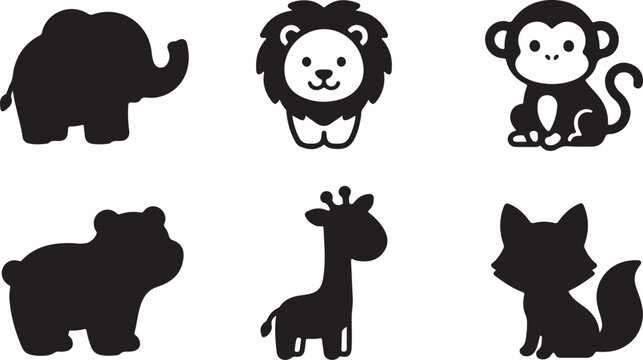 Set of cute wild animal icons including elephant lion monkey bear giraffe and fox silhouettes for kids learning designs Vector