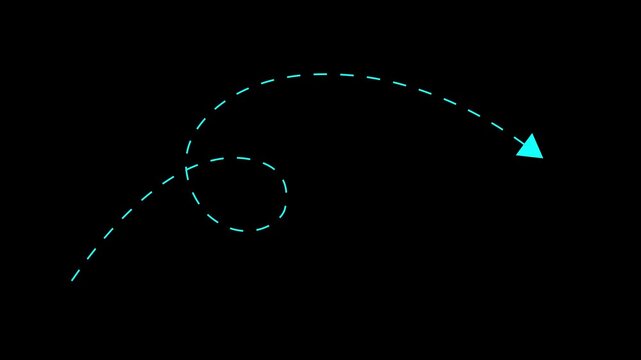 Thin direction dotted line arrow animation on black background, Wavy up arrow direction icon. arrow animation following wavy dotted line.