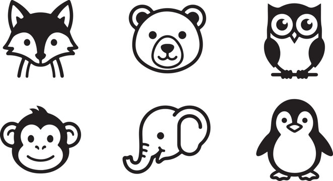 Set of cute animal face icons including fox bear owl monkey elephant and penguin in black and white line art style Vector