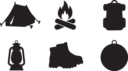 Set of black camping and hiking icons including tent bonfire backpack lantern boots and compass for outdoor adventure travel Vector © Alex