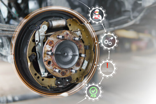 Concepts for automotive parts maintenance and repair. Photograph of a car's drum brake assembly showing oil leaks due to lack of maintenance. Certified service center with skilled technicians.