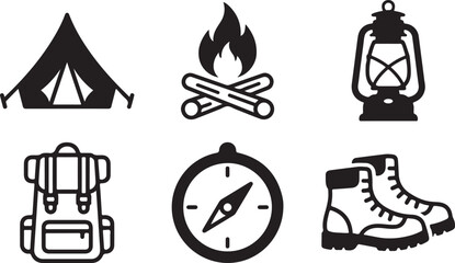 Set of black camping and hiking icons including tent bonfire lantern backpack compass and boots for outdoor adventure Vector © Alex