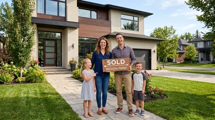 Obraz premium Happy Family Standing Outside Modern House Holding “SOLD” Sign — Real Estate Success and Home Ownership Concept