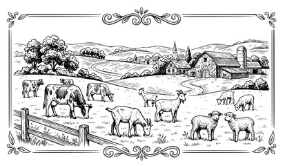 Obraz premium Rural Meadow Village Landscape Cows Goats Lamb Sketch Vector Banner