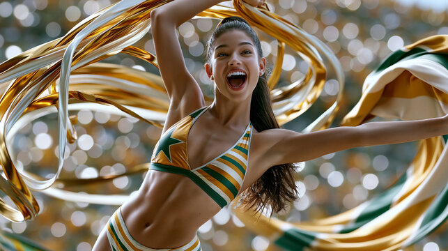 Cheerleaderin jubelt schwingend mit goldgelbem Band in vollem Stadion