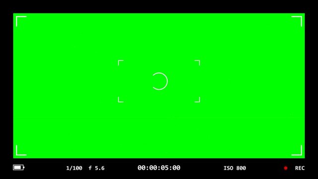 Video camera recording screen viewfinder interface with green screen background and digital display settings