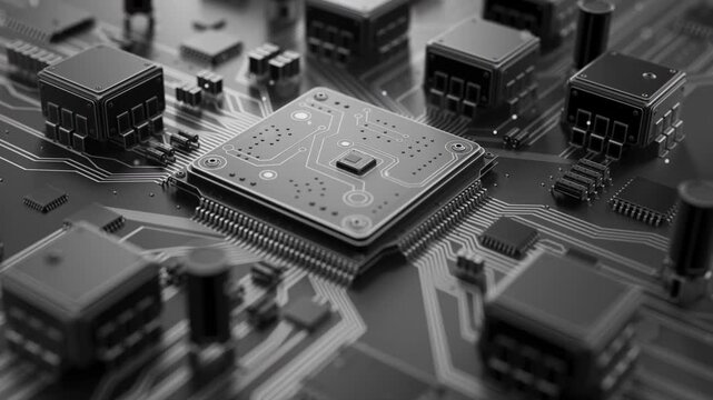 Cinematic 3D animation featuring a detailed computer processor and PCB circuitry. Seamless loop high-tech background for technology, engineering, and innovation themes.