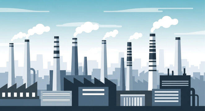 Industrial factory with smoking chimneys in a city skyline.