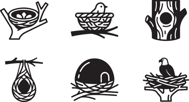 Set of black and white bird nest icons showing different types of nests in trees and birdhouses for nature and wildlife design Vector