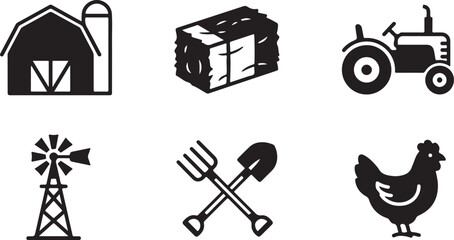 Set of black farm and agriculture icons featuring a barn tractor haystack windmill shovel pitchfork and a chicken Vector © Alex