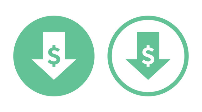 Two mint green circular icons featuring a white dollar sign inside a downward pointing arrow