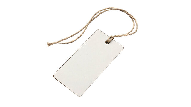 Blank rectangular white cardboard gift tag label with twine string isolated on transparent background cut out