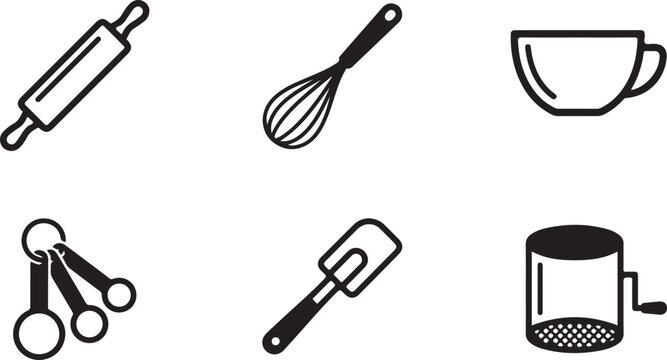 Set of black and white kitchen baking tools icons including rolling pin whisk measuring cups spatula and flour sifter Vector