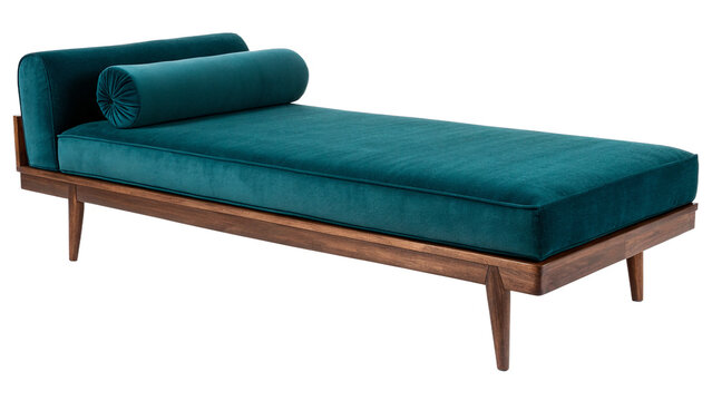 Luxury modern deep teal blue velvet daybed lounge sofa furniture isolated on transparent background cut out