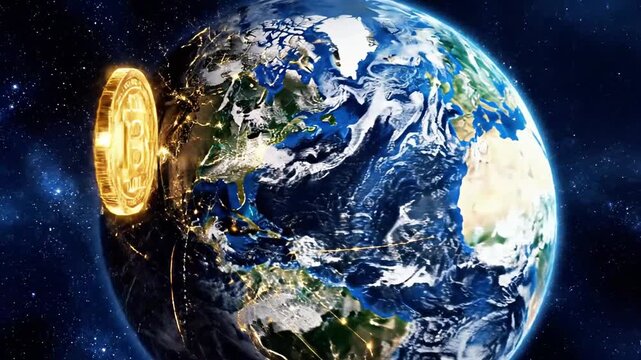 A golden Bitcoin symbol on a globe with radiant lines