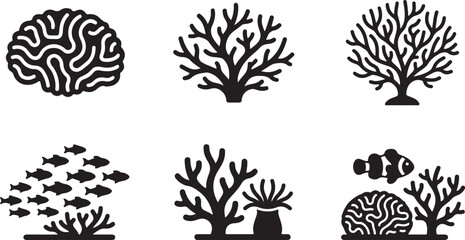 Set of black and white coral reef icons with tropical fish and sea plants for marine biology or ocean conservation design Vector © Alex
