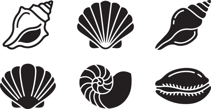 Set of black seashell icons representing different ocean sea shells for marine life beach summer design and nature art Vector