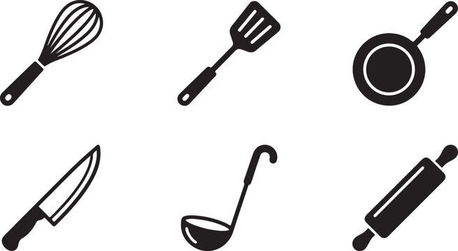 Set of black kitchen cooking tools icons including whisk spatula frying pan knife ladle and rolling pin for food design Vector